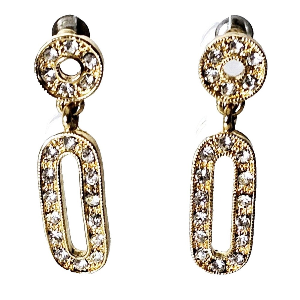 VTG Dangle Earrings Rectangle Gold Tone Crystal Post Studs Rounded Corners EUC!